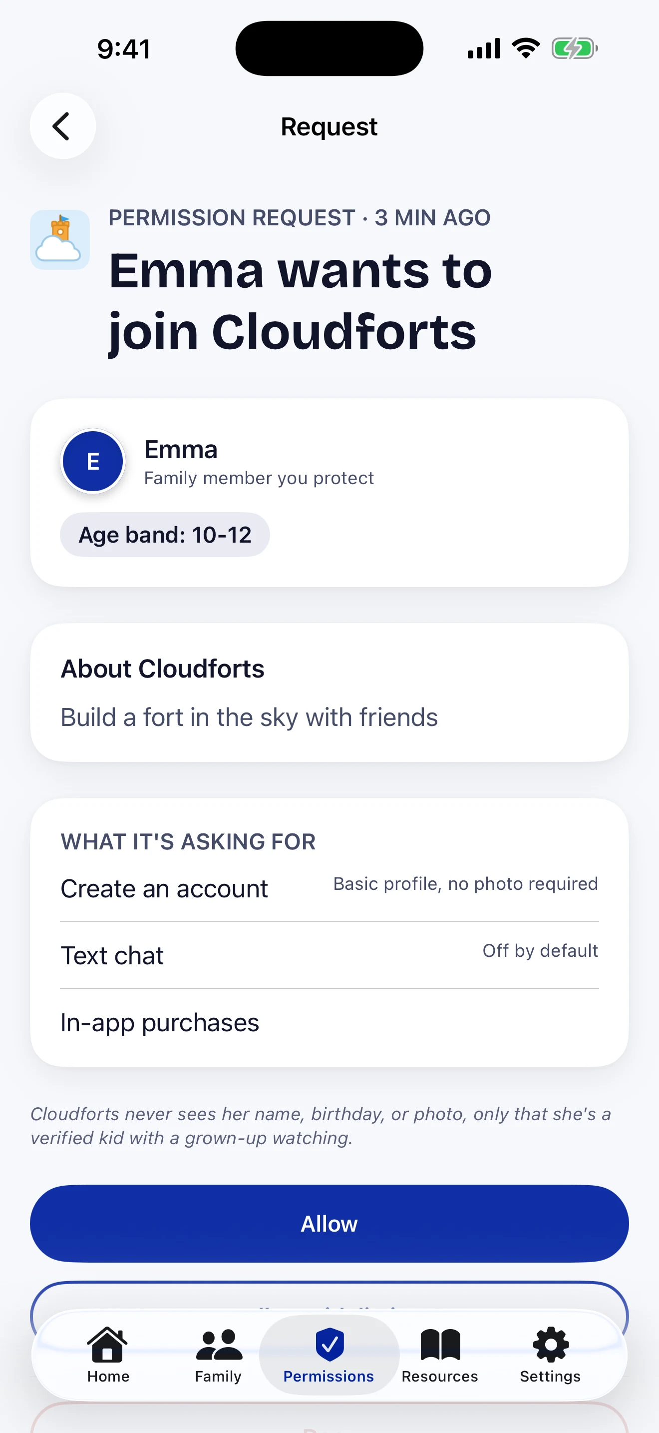 A permission request in the Guardian app: Emma wants to join Cloudforts, with the permissions it is asking for and an Allow button